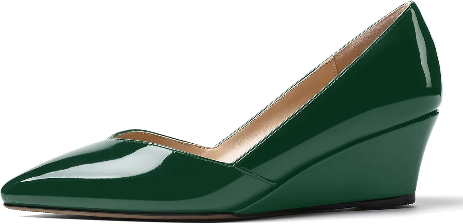 MODENCOCO Women's Slip On Professional Office Pointed Toe Patent Wedge Low Heel Pumps Shoes 2 Inch