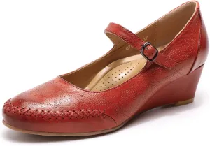 Mona flying Women's Leather Closed Toe Mary Jane Wedge Pumps Round Toe Mid Heel Dress Shoes for Women Ladies