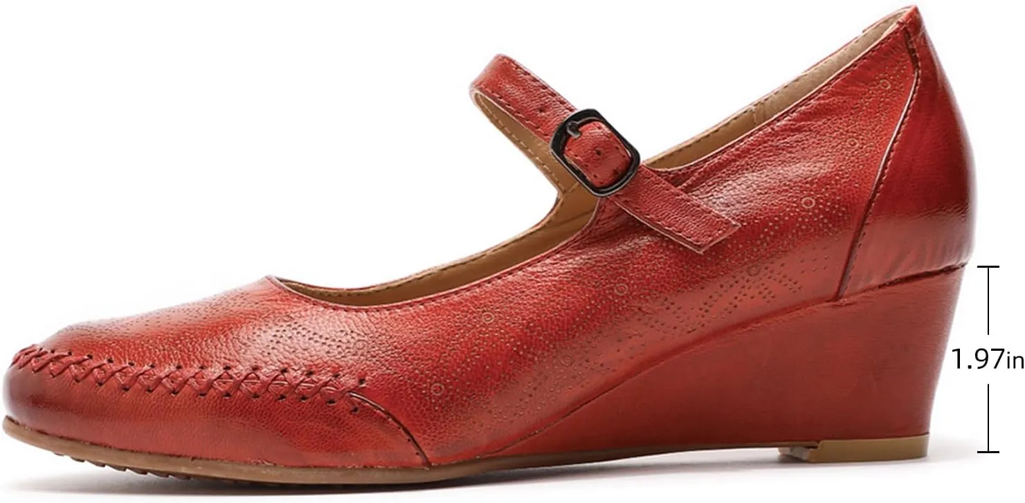 Mona flying Women's Leather Closed Toe Mary Jane Wedge Pumps Round Toe Mid Heel Dress Shoes for Women Ladies