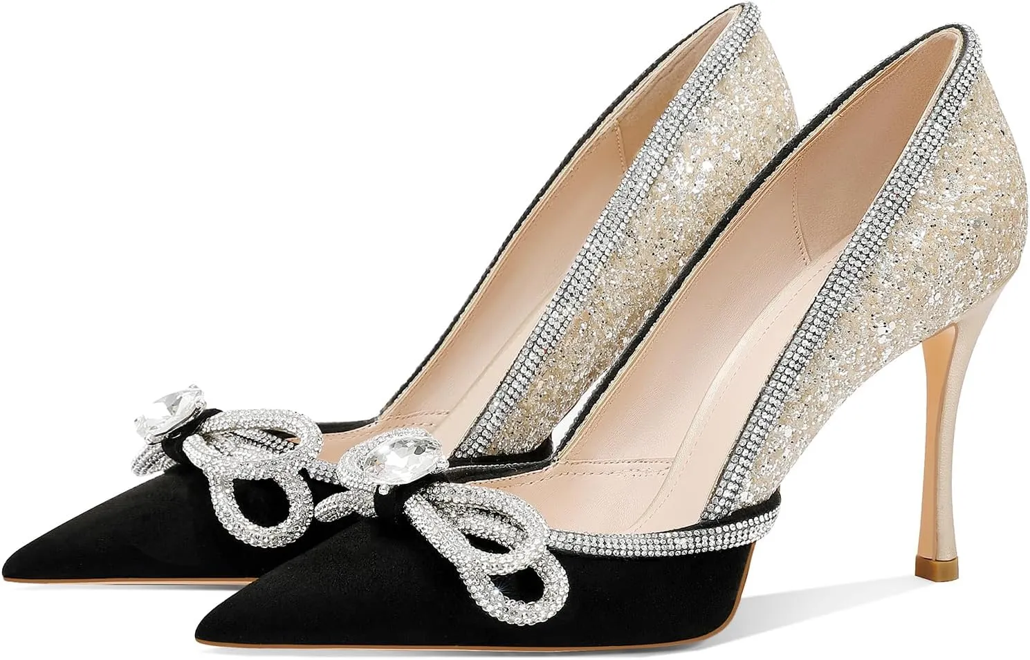 MSONLYDN Women's High Heels Pointed Toe Stiletto Heeled Rhinestone Satin Prom Dress Wedding Bridal Party Pumps