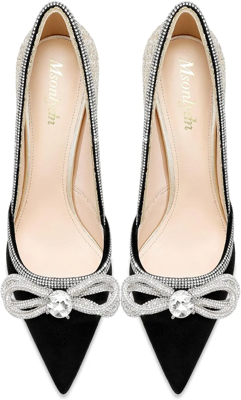 MSONLYDN Women's High Heels Pointed Toe Stiletto Heeled Rhinestone Satin Prom Dress Wedding Bridal Party Pumps