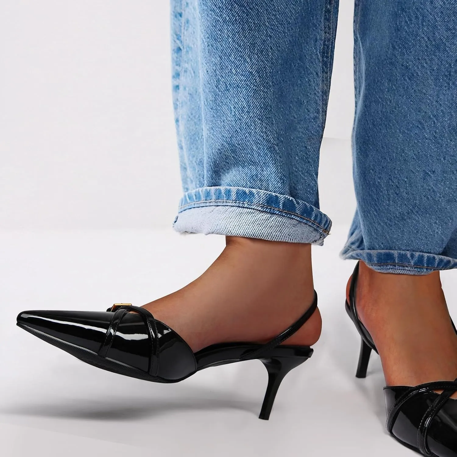 MUCCCUTE Kitten Heels for Women Pointed Toe Slingback Low Heels with Buckle Strap Heeled Pumps