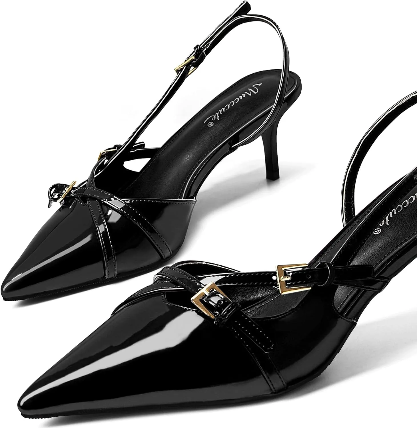 MUCCCUTE Kitten Heels for Women Pointed Toe Slingback Low Heels with Buckle Strap Heeled Pumps