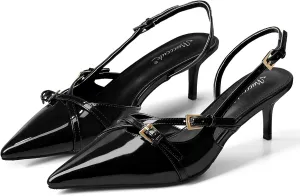 MUCCCUTE Kitten Heels for Women Pointed Toe Slingback Low Heels with Buckle Strap Heeled Pumps
