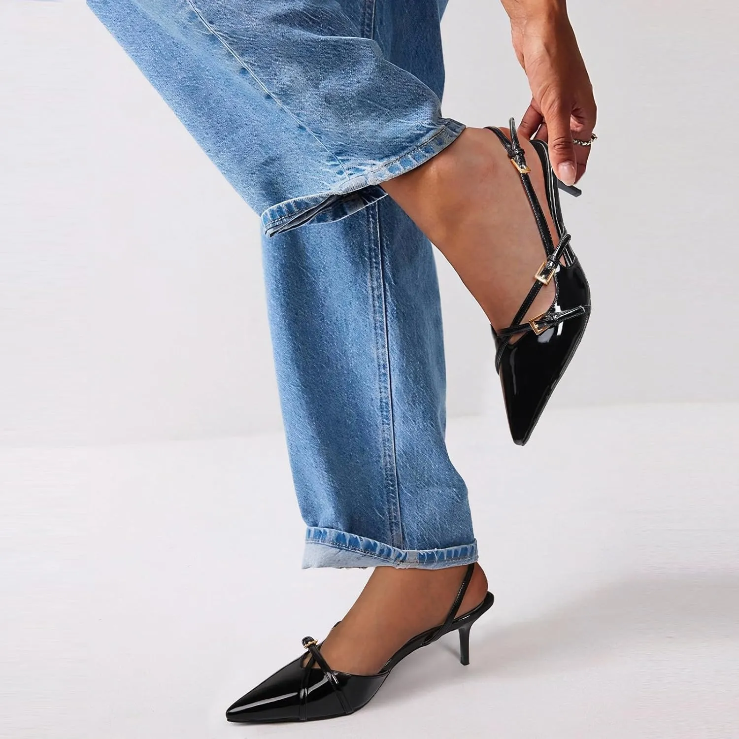 MUCCCUTE Kitten Heels for Women Pointed Toe Slingback Low Heels with Buckle Strap Heeled Pumps