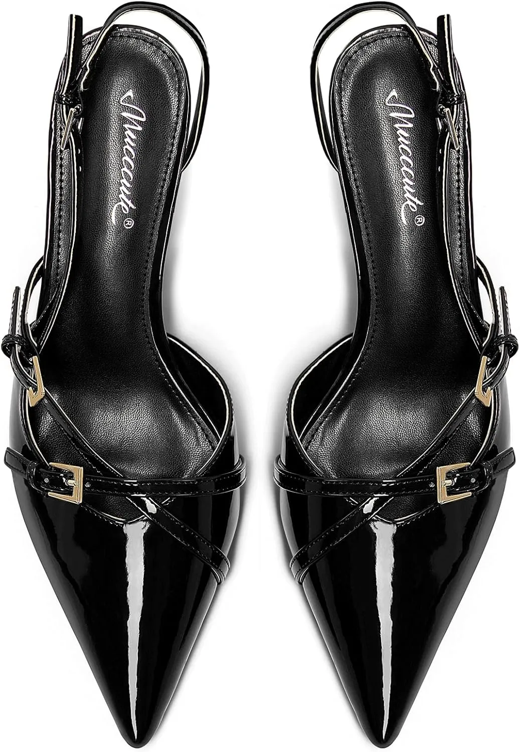 MUCCCUTE Kitten Heels for Women Pointed Toe Slingback Low Heels with Buckle Strap Heeled Pumps