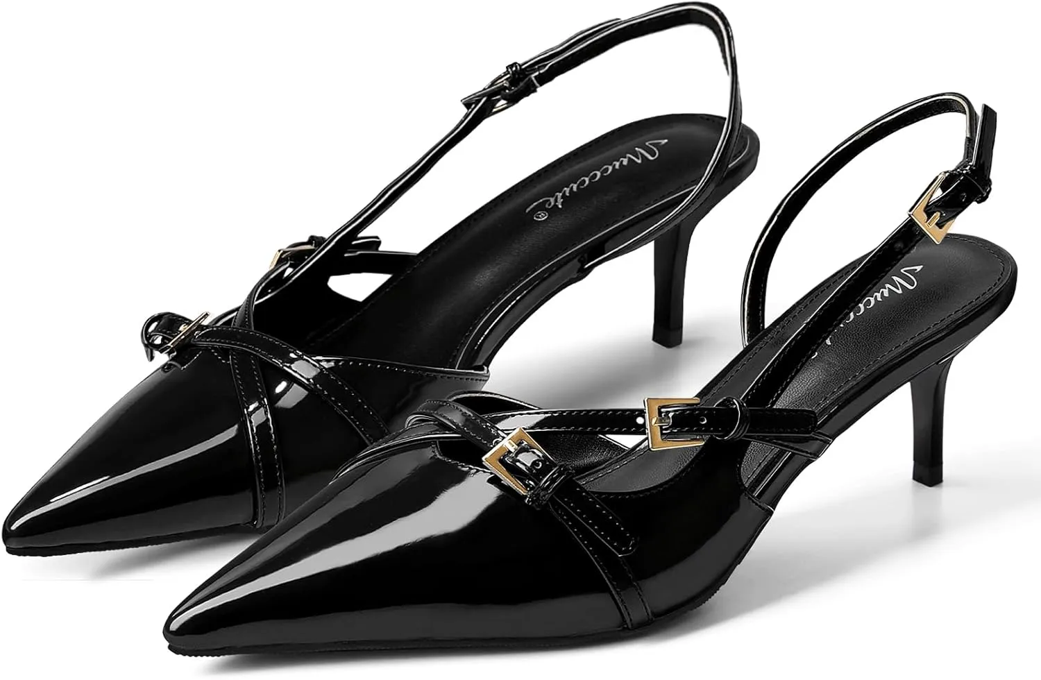 MUCCCUTE Kitten Heels for Women Pointed Toe Slingback Low Heels with Buckle Strap Heeled Pumps