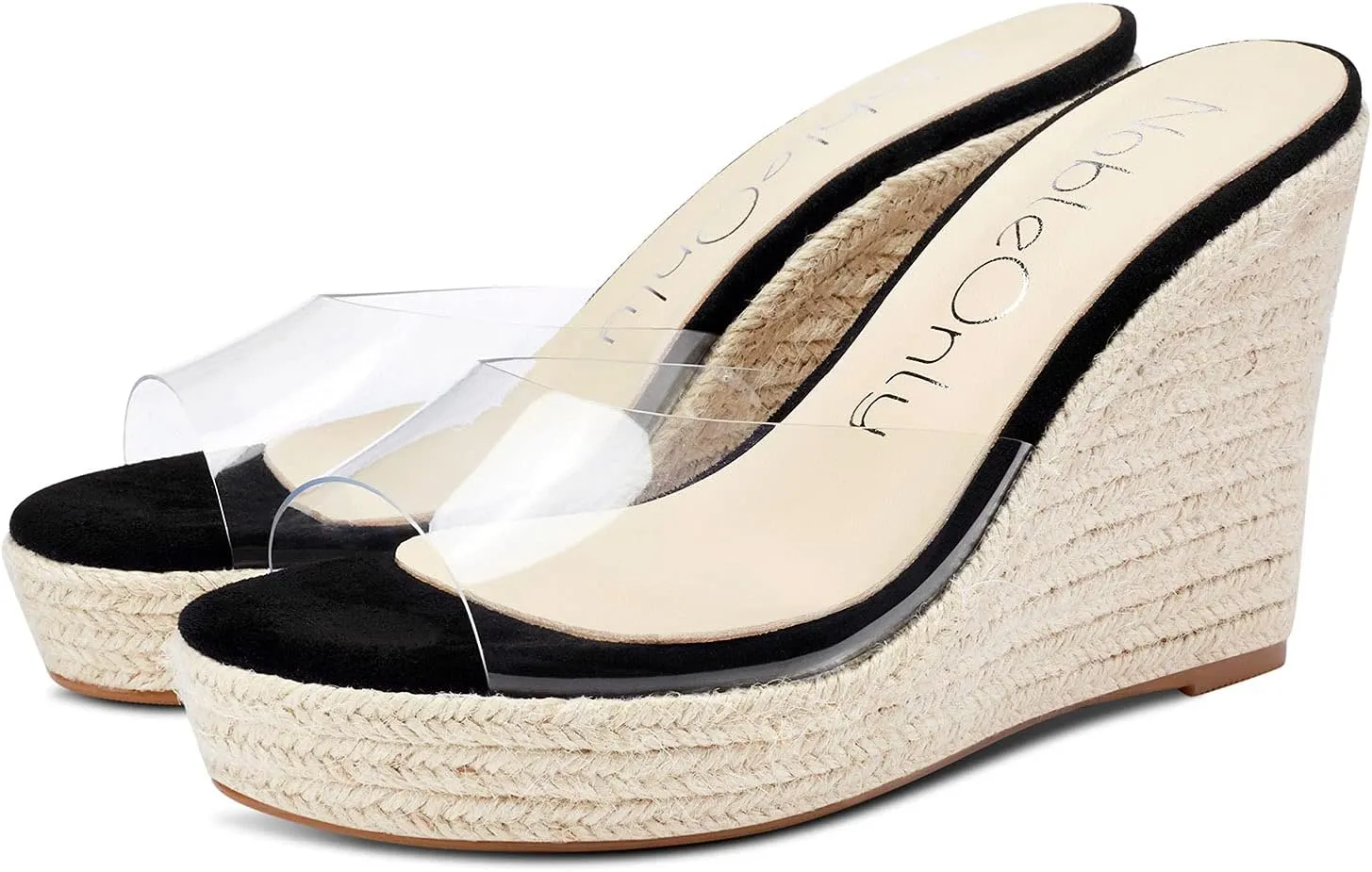 NobleOnly Womens High Heels Platform Wedge Sandals Clear Transparent Comfortable Slippers Leather Lining Slip-on Office Shoes 10CM Heel