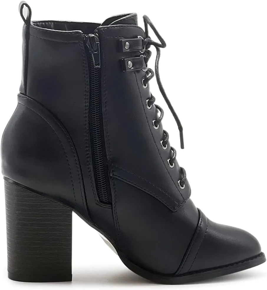 Ollio Women's Shoe Faux Suede Lace Up Stacked High Heel Ankle Boots SSB09