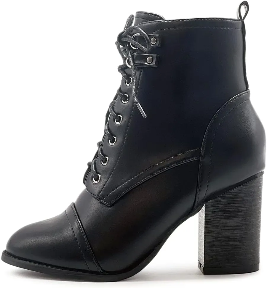 Ollio Women's Shoe Faux Suede Lace Up Stacked High Heel Ankle Boots SSB09