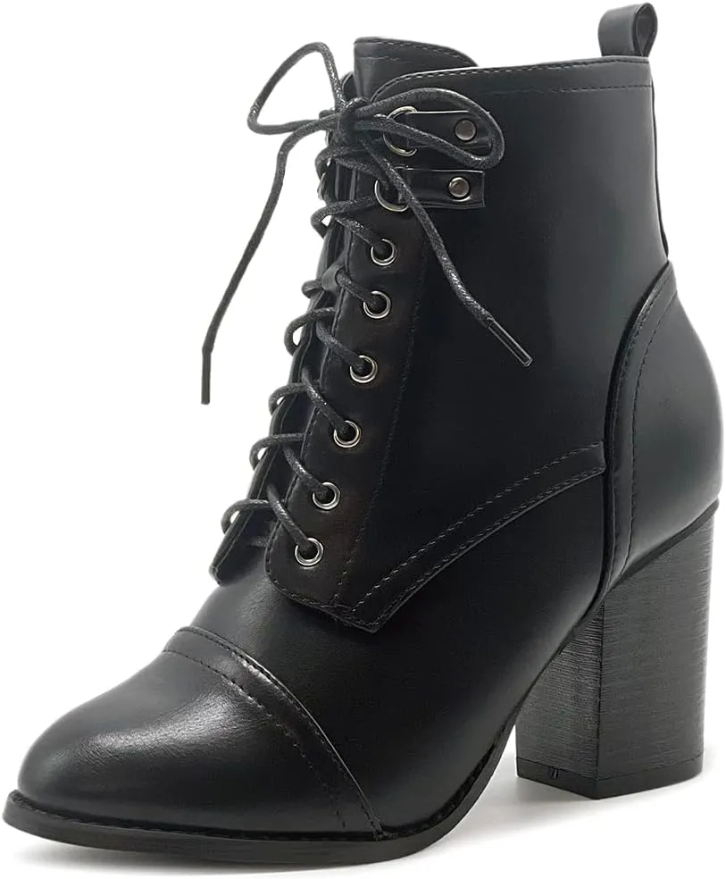 Ollio Women's Shoe Faux Suede Lace Up Stacked High Heel Ankle Boots SSB09