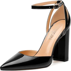 Pointed Toe Pumps - Fashion Ankle Strap Closed Toe Heels, Chunky Heels for Women