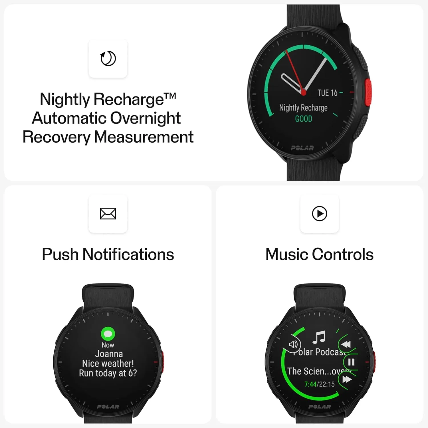 POLAR Pacer Ultra-Light GPS Fitness Tracker Smartwatch for Runners; S-L, for Men or Women, Black