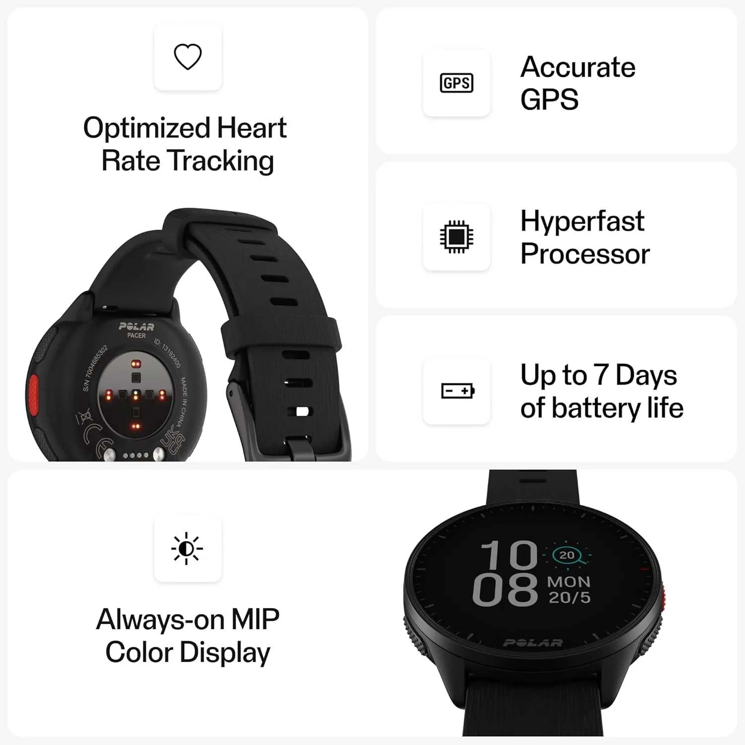 POLAR Pacer Ultra-Light GPS Fitness Tracker Smartwatch for Runners; S-L, for Men or Women, Black