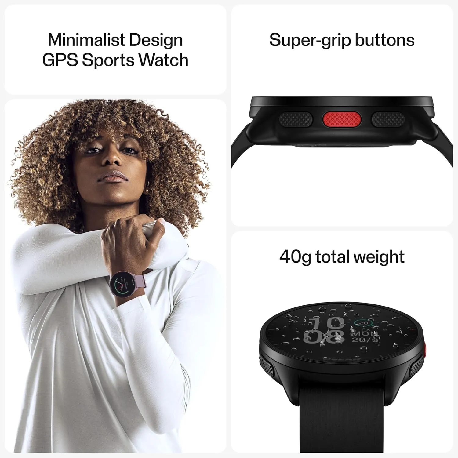 POLAR Pacer Ultra-Light GPS Fitness Tracker Smartwatch for Runners; S-L, for Men or Women, Black