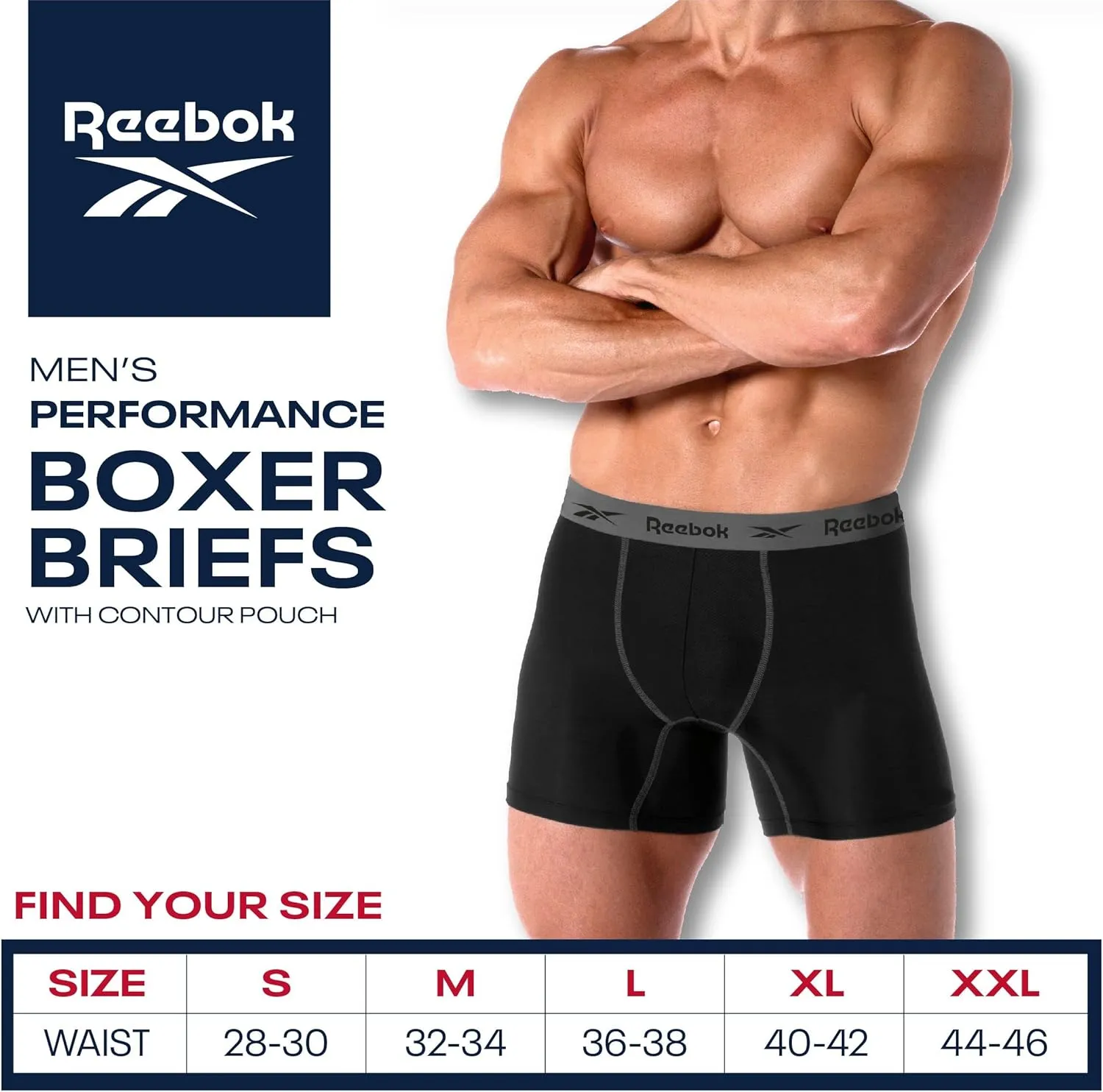 Reebok Mens Boxer Briefs - 3 Pack Moisture Wicking Stretch Performance Mens Underwear Boxers with Contour Pouch (Sizes: S-XL)