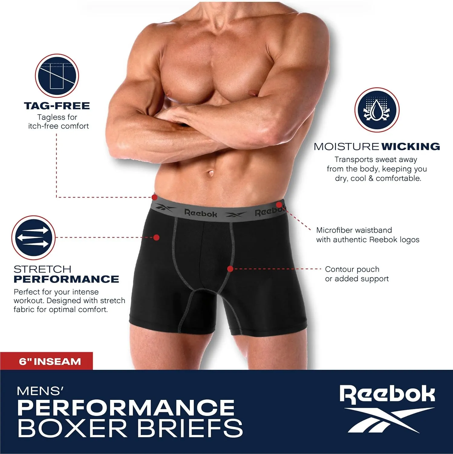 Reebok Mens Boxer Briefs - 3 Pack Moisture Wicking Stretch Performance Mens Underwear Boxers with Contour Pouch (Sizes: S-XL)