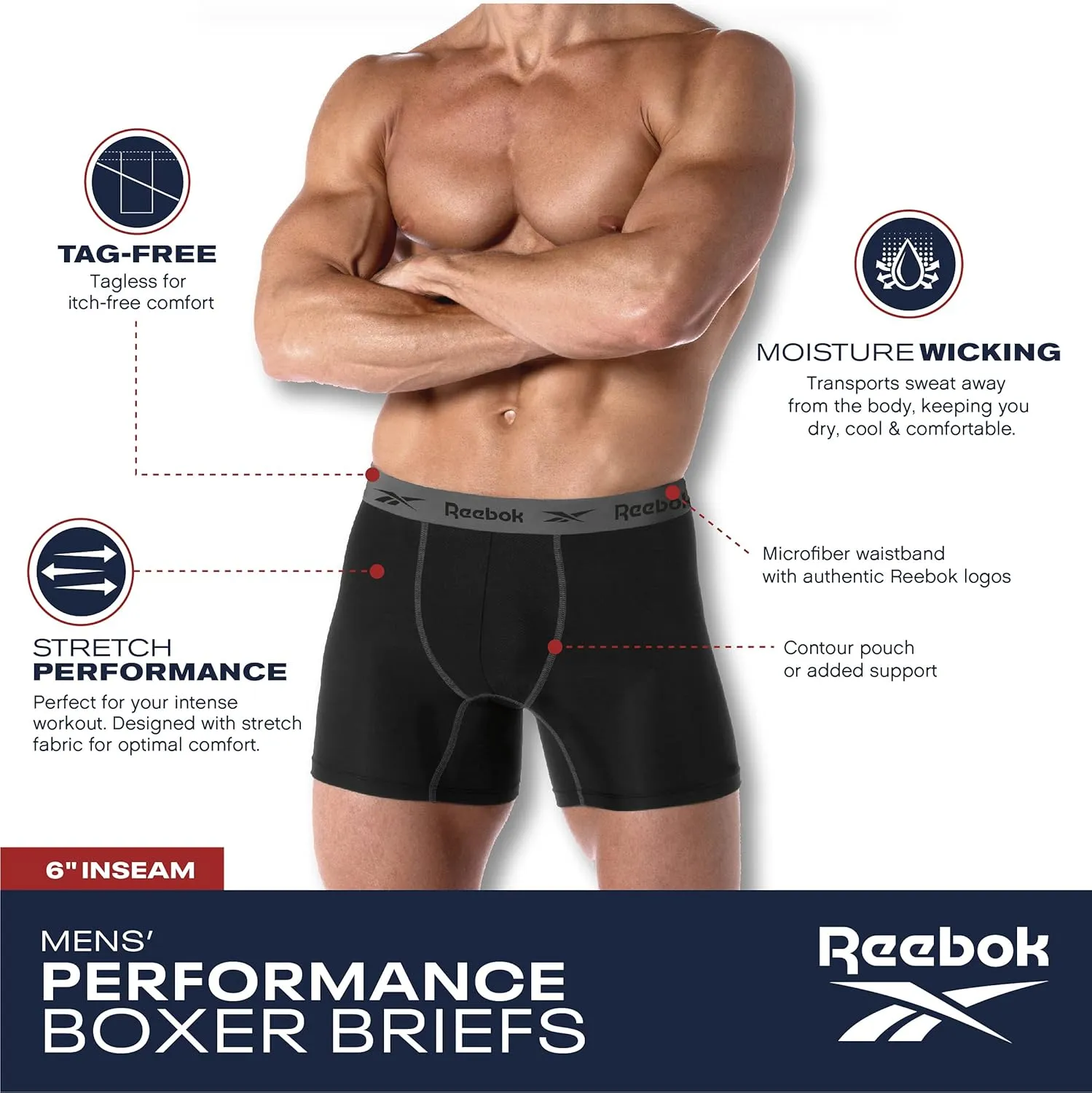 Reebok Mens Boxer Briefs - 4 Pack Moisture Wicking Stretch Performance Mens Underwear Boxers with Contour Pouch (Sizes: S-XL)