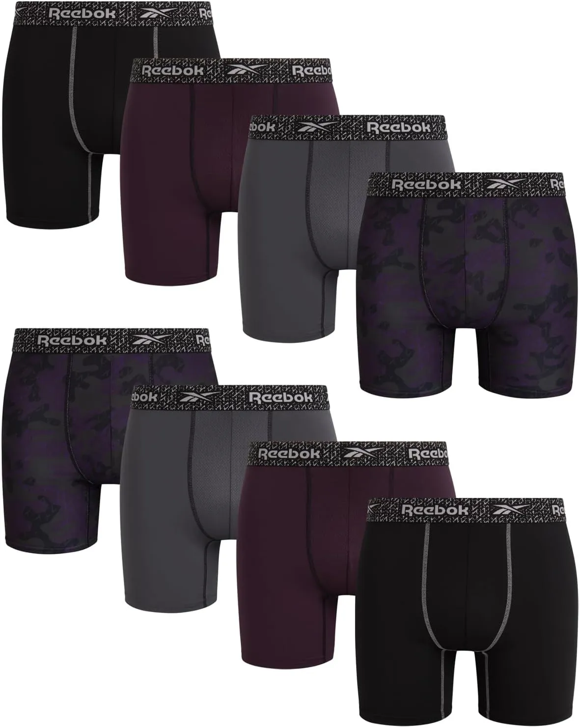 Reebok Mens Boxer Briefs - 8 Pack Stretch Performance Moisture Wicking Mens Underwear Boxers with Contour Pouch (Sizes: S-XL)