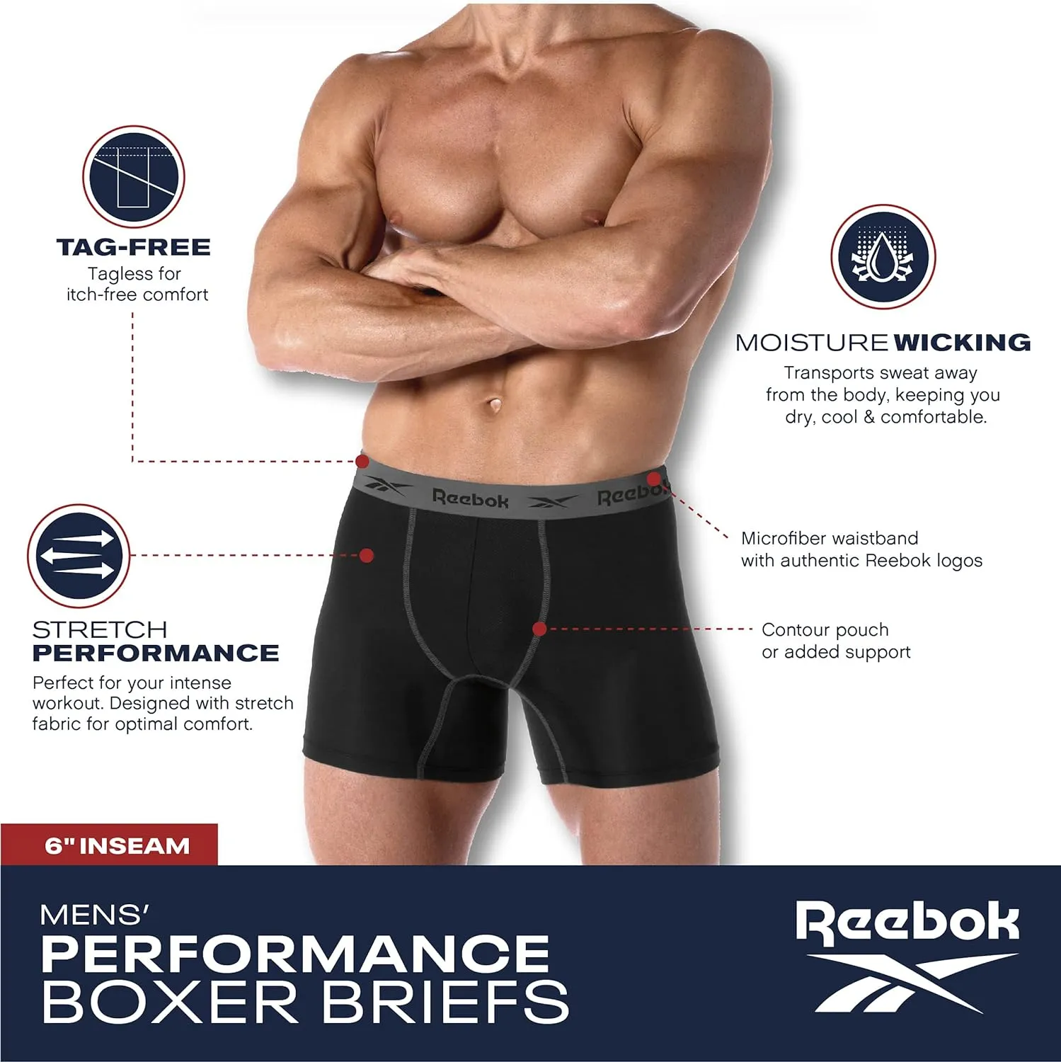 Reebok Mens Boxer Briefs - 8 Pack Stretch Performance Moisture Wicking Mens Underwear Boxers with Contour Pouch (Sizes: S-XL)