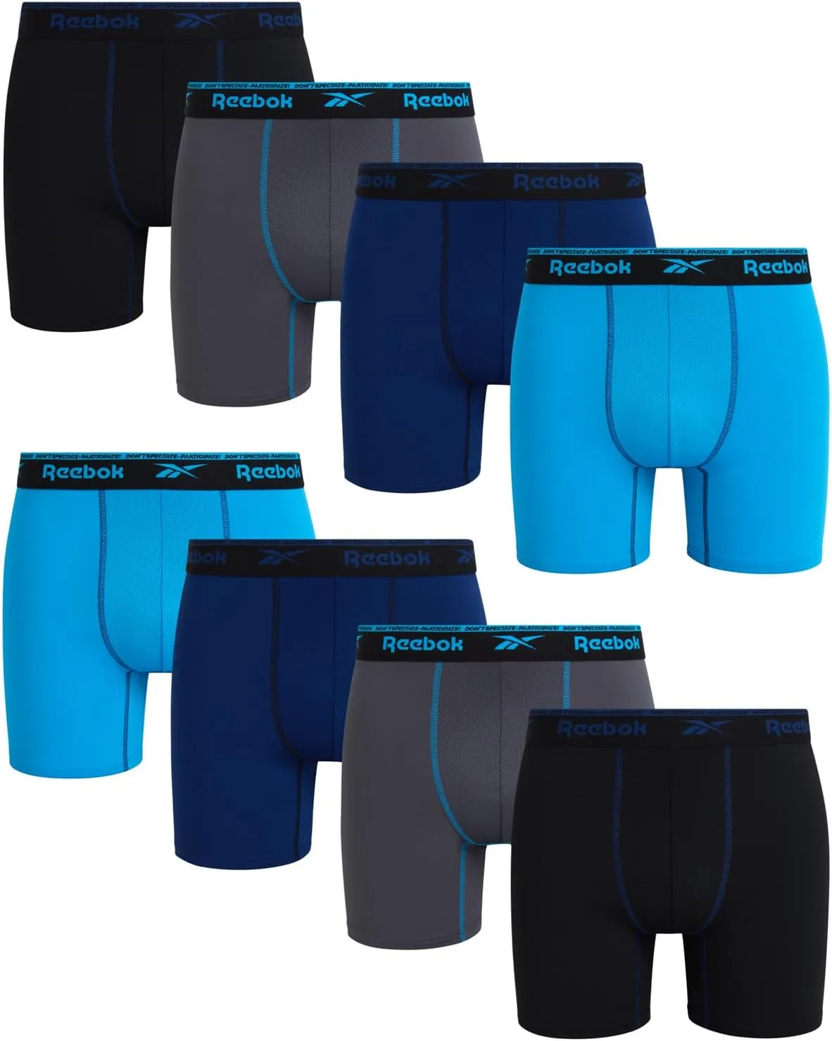 Reebok Mens Boxer Briefs - 8 Pack Stretch Performance Moisture Wicking Mens Underwear Boxers with Contour Pouch (Sizes: S-XL)