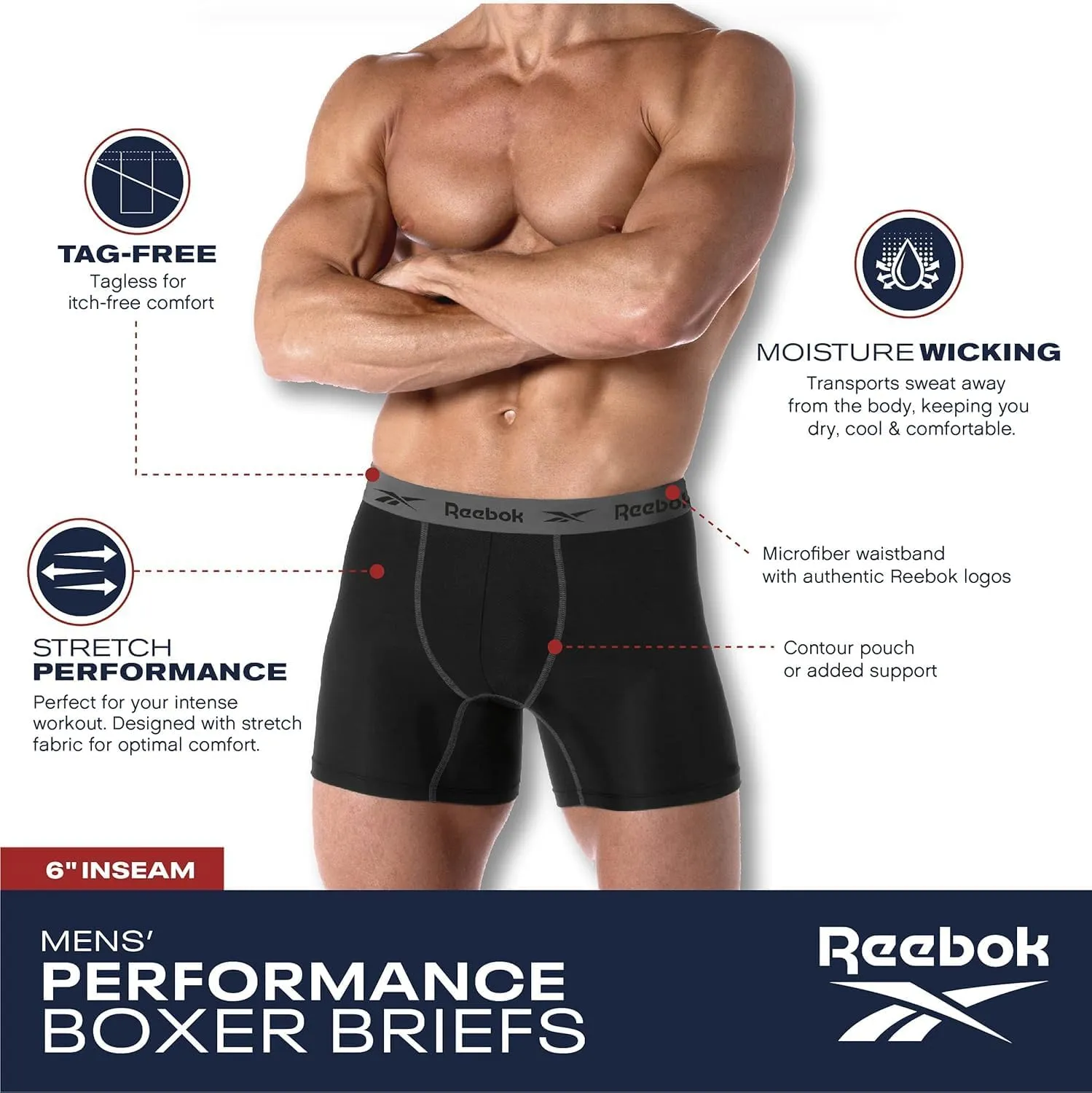 Reebok Mens Boxer Briefs - 8 Pack Stretch Performance Moisture Wicking Mens Underwear Boxers with Contour Pouch (Sizes: S-XL)