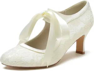 Roimaash Vintage Ribbon Lace Bow Wedding Pumps Round Toe