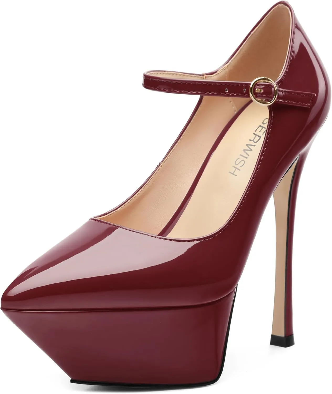 ROSERWISH Platform Heels for Women Pointed Toe Stiletto Pumps High Heels Closed Toe Ankle Strap Mary Janes Patent 6 Inch Wedding Party Nightclub Dress Shoes