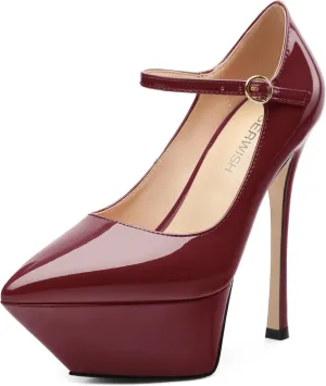 ROSERWISH Platform Heels for Women Pointed Toe Stiletto Pumps High Heels Closed Toe Ankle Strap Mary Janes Patent 6 Inch Wedding Party Nightclub Dress Shoes