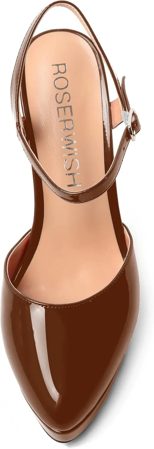 ROSERWISH Womens Party Sexy Patent Buckle Platform Evening Ankle Strap Pointed Toe Stiletto High Heel Pumps Dress Shoes 5 Inch