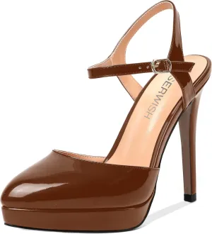 ROSERWISH Womens Party Sexy Patent Buckle Platform Evening Ankle Strap Pointed Toe Stiletto High Heel Pumps Dress Shoes 5 Inch