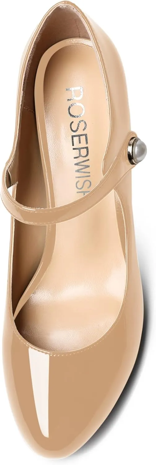 ROSERWISH Womens Sexy Round Toe Patent Wedding Trendy Fashion Ankle Strap Block High Heel Pumps Dress Shoes 3.5 Inch