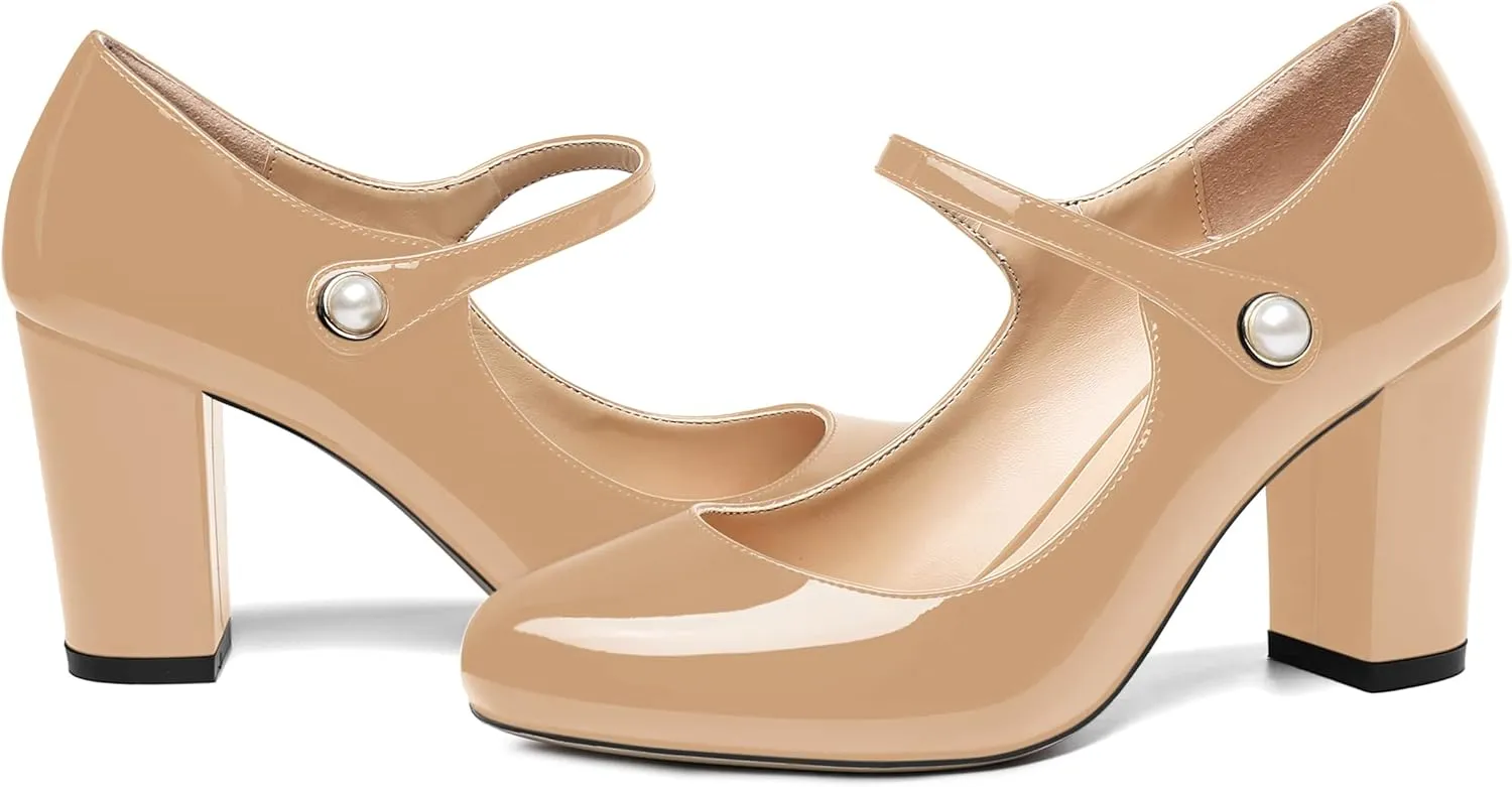 ROSERWISH Womens Sexy Round Toe Patent Wedding Trendy Fashion Ankle Strap Block High Heel Pumps Dress Shoes 3.5 Inch
