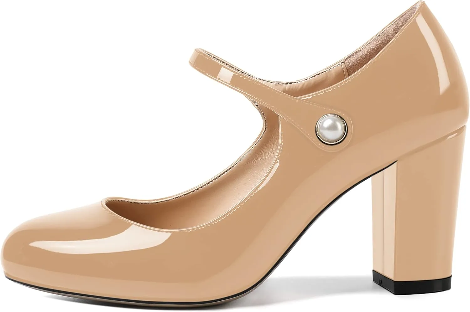 ROSERWISH Womens Sexy Round Toe Patent Wedding Trendy Fashion Ankle Strap Block High Heel Pumps Dress Shoes 3.5 Inch