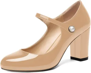 ROSERWISH Womens Sexy Round Toe Patent Wedding Trendy Fashion Ankle Strap Block High Heel Pumps Dress Shoes 3.5 Inch