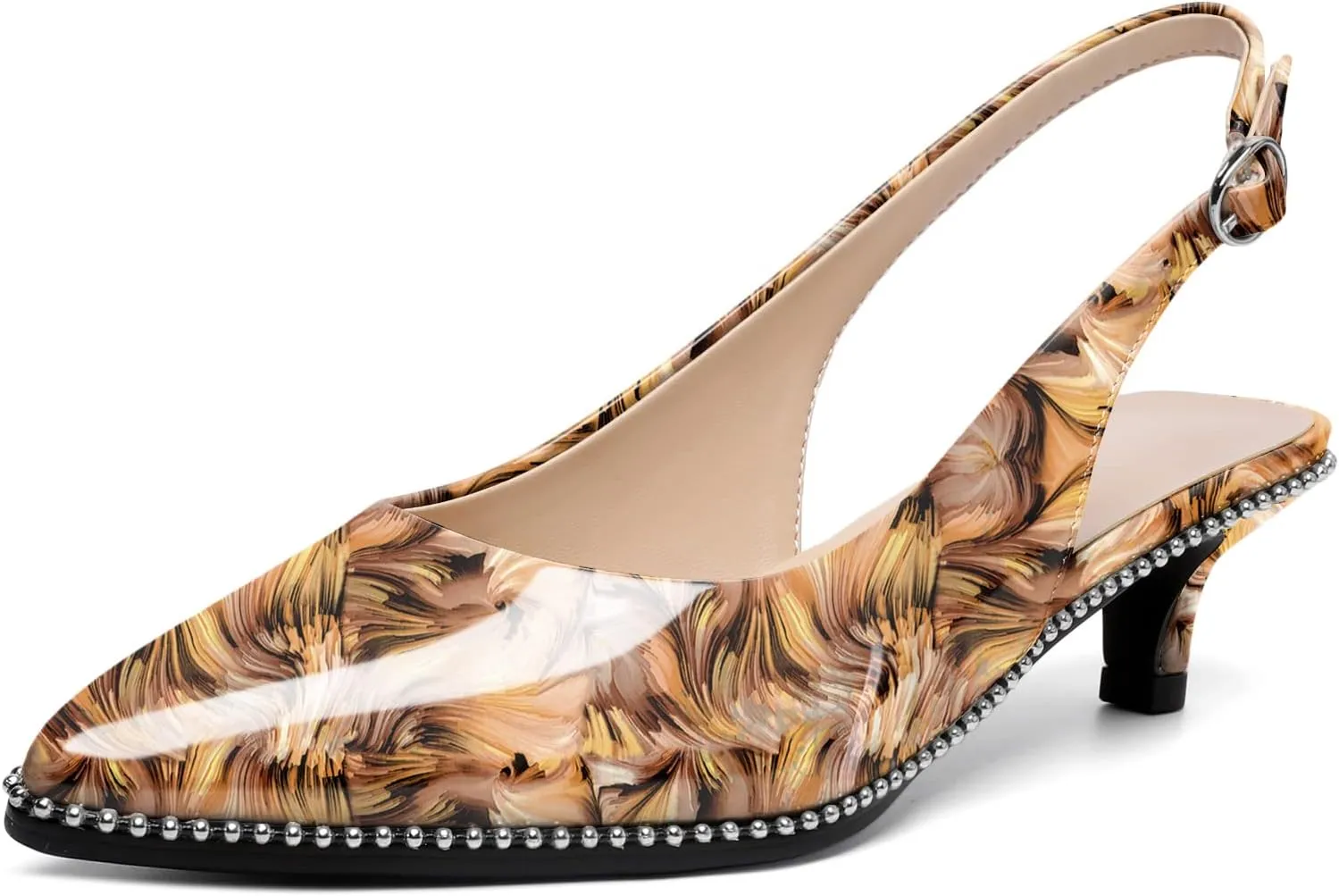 SAMMITOP Women's Slingback Kitten Heels Pointed Toe Low Heel Beaded Pumps with Ankle Strap Wedding Party Dressy Court Patent Shoes