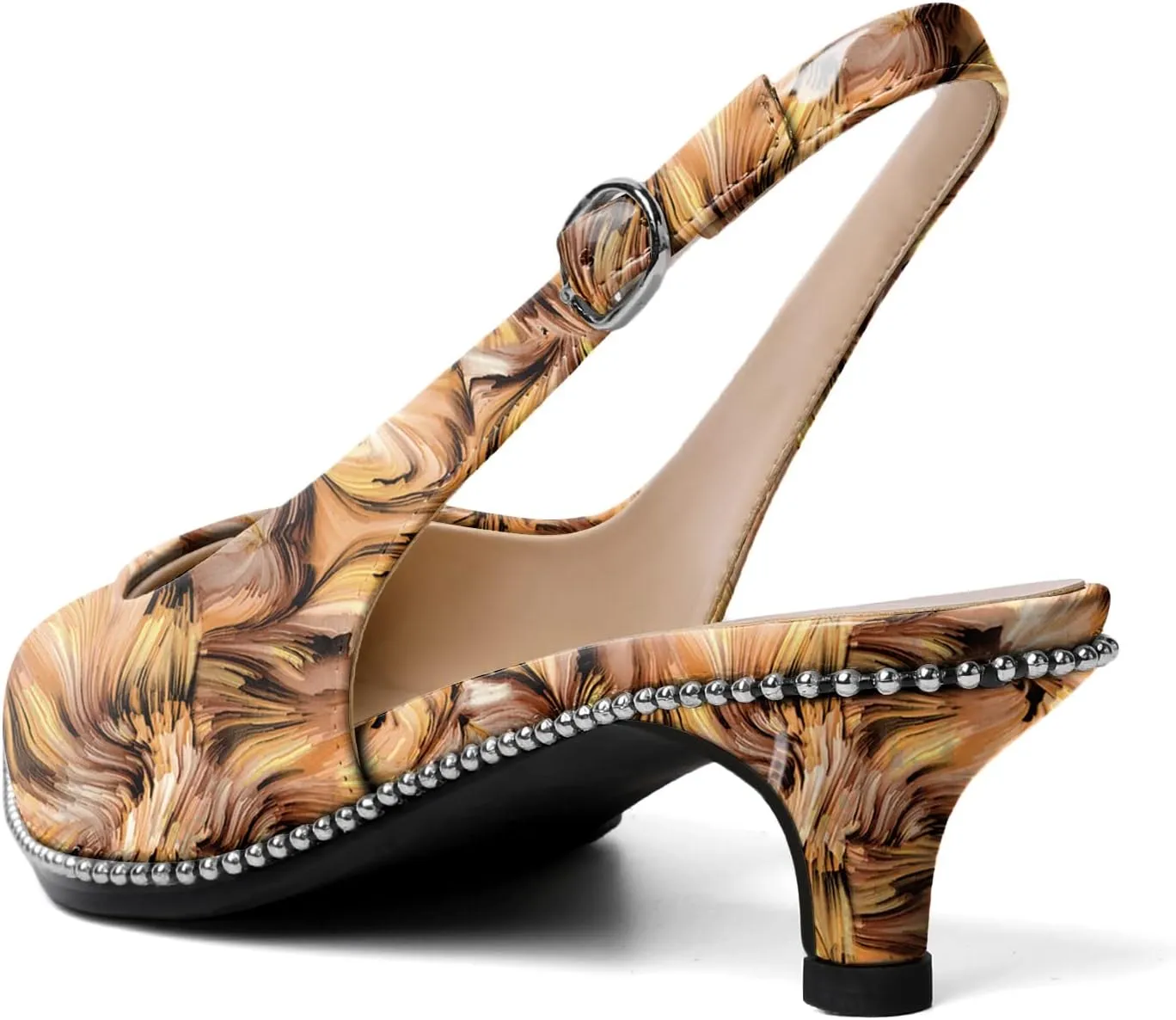 SAMMITOP Women's Slingback Kitten Heels Pointed Toe Low Heel Beaded Pumps with Ankle Strap Wedding Party Dressy Court Patent Shoes