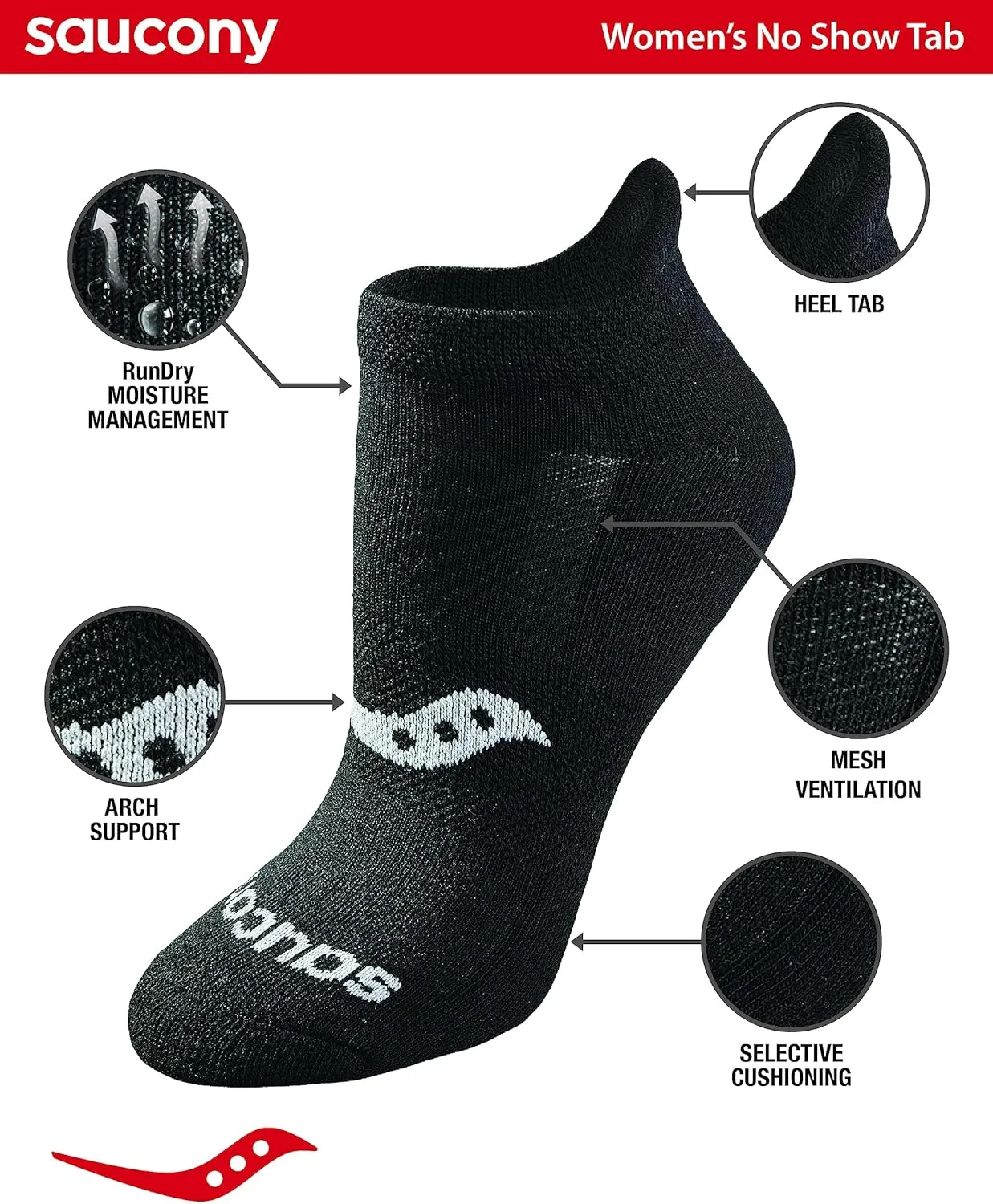 Saucony Women's Rundry Performance Heel Tab Athletic Socks, Available in S-l (8, 16, 24 Pairs)