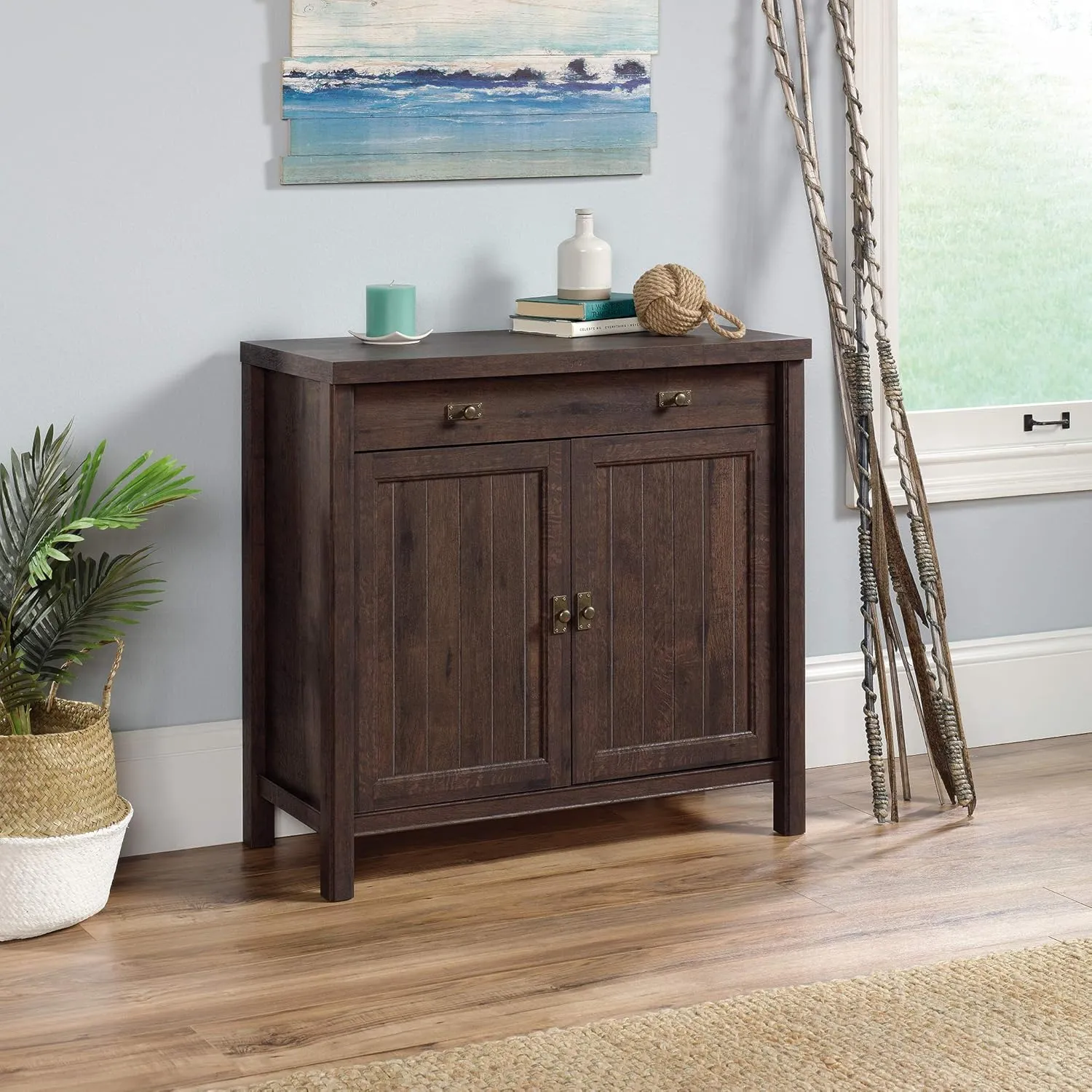Sauder Costa Accent Storage Cabinet with Doors, Library Base for Hutch, in Coffee Oak
