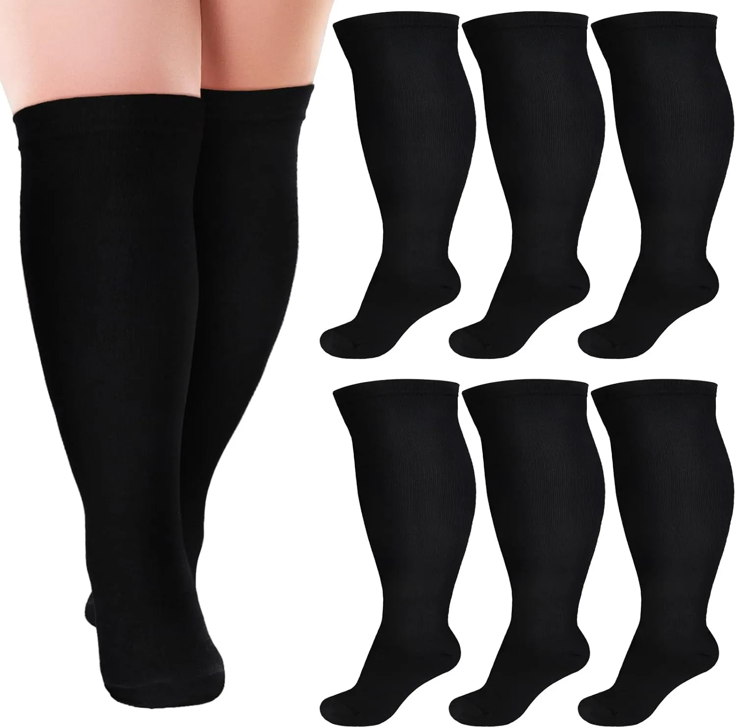 Seematn 6 Pairs 20-30 Mmhg Plus Size Compression Socks Extra Wide Calf Compression Socks for Support Knee High Circulation