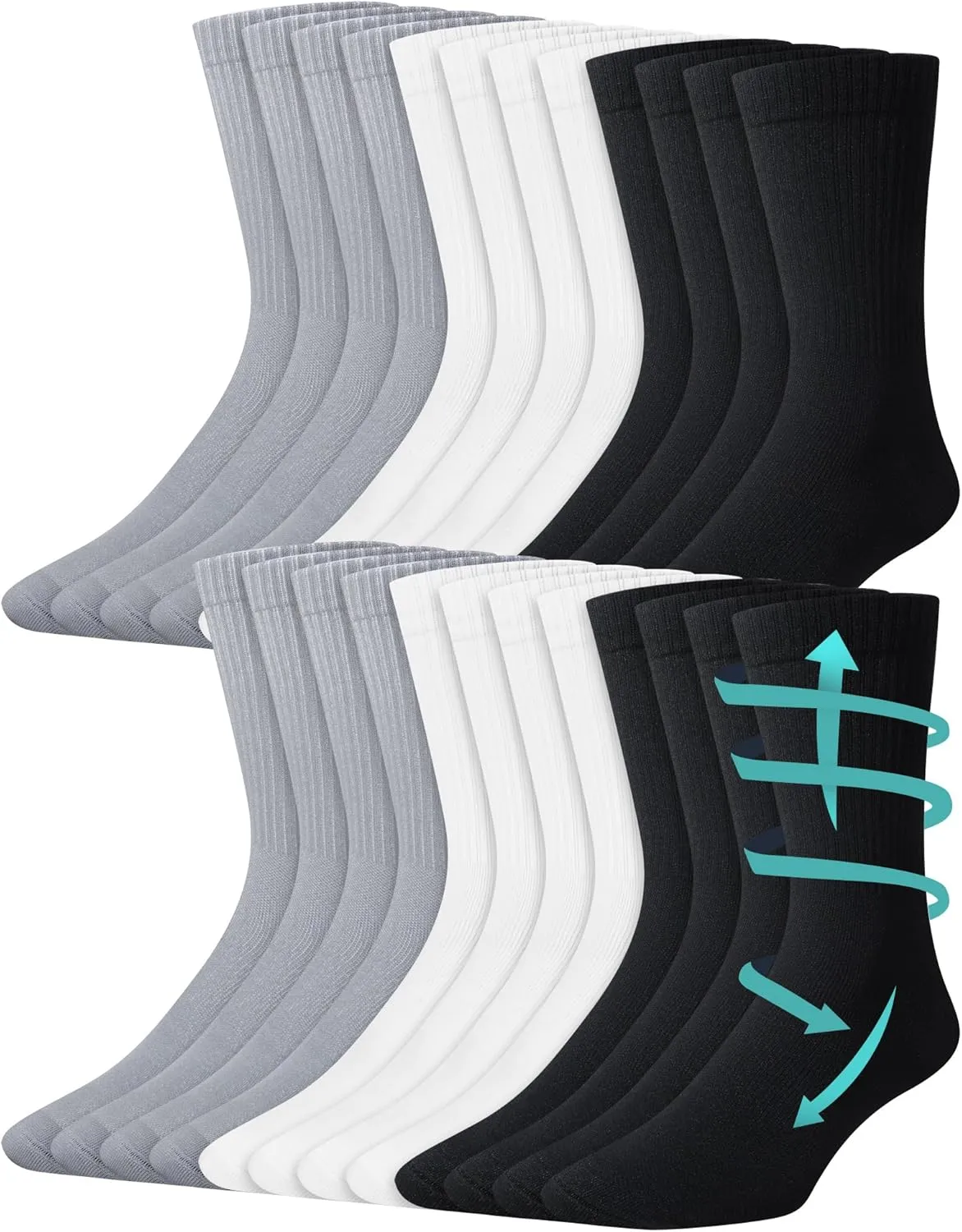 Shihanee 12 Pairs Men's Compression Crew Socks Bulk 15-20 mmHg Athletic Cushioned Mid Calf Socks for Running Hiking Sports
