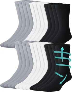 Shihanee 12 Pairs Men's Compression Crew Socks Bulk 15-20 mmHg Athletic Cushioned Mid Calf Socks for Running Hiking Sports