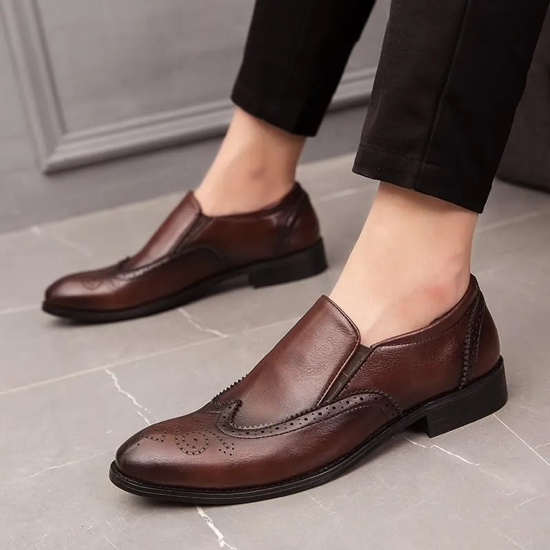 Shoes Dress Oxford for Men Slip On Pointed Burnished Toe Brogue Embossed Wing tip PU Leather Rubber Sole Resistant Non Slip Low Top Block Heel