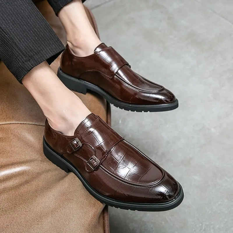 Shoes Dress Oxford for Men Slip On Round Toe PU Leather Apron Toe Double Monk Strap Block Heel Non Slip Anti-Slip Rubber Sole Working
