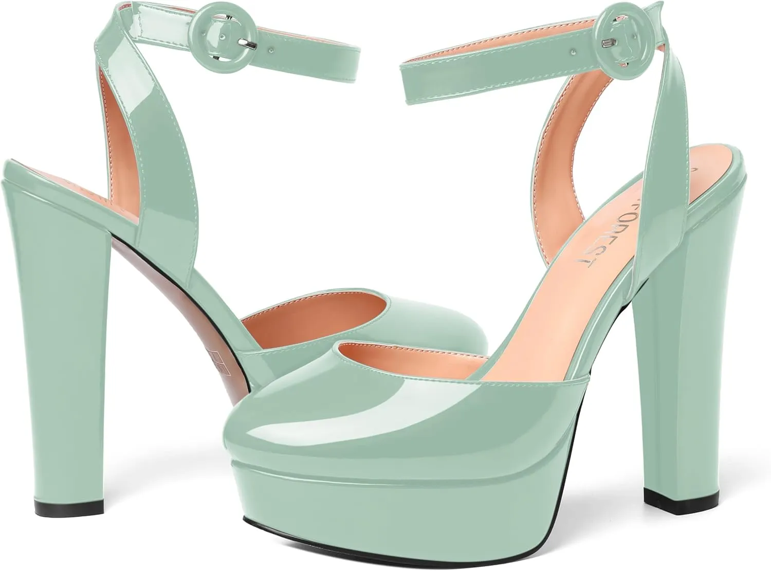 SHOWFOREST Womens Buckle Dating Round Toe Patent Ankle Strap Dress Platform Block High Heel Pumps Shoes 5 Inch