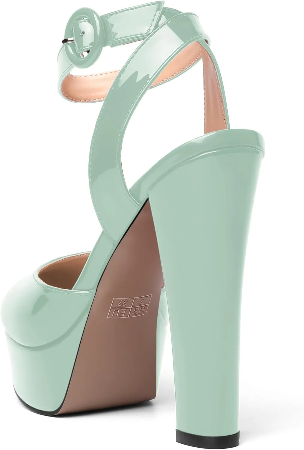 SHOWFOREST Womens Buckle Dating Round Toe Patent Ankle Strap Dress Platform Block High Heel Pumps Shoes 5 Inch