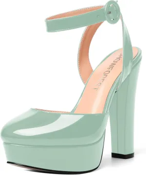 SHOWFOREST Womens Buckle Dating Round Toe Patent Ankle Strap Dress Platform Block High Heel Pumps Shoes 5 Inch