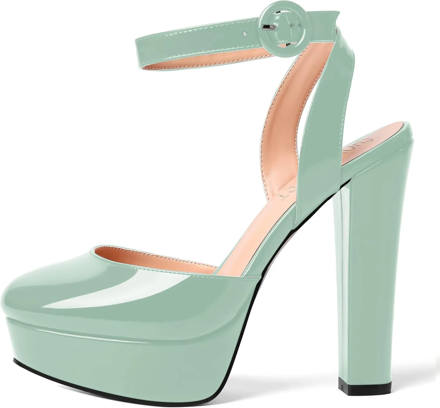 SHOWFOREST Womens Buckle Dating Round Toe Patent Ankle Strap Dress Platform Block High Heel Pumps Shoes 5 Inch