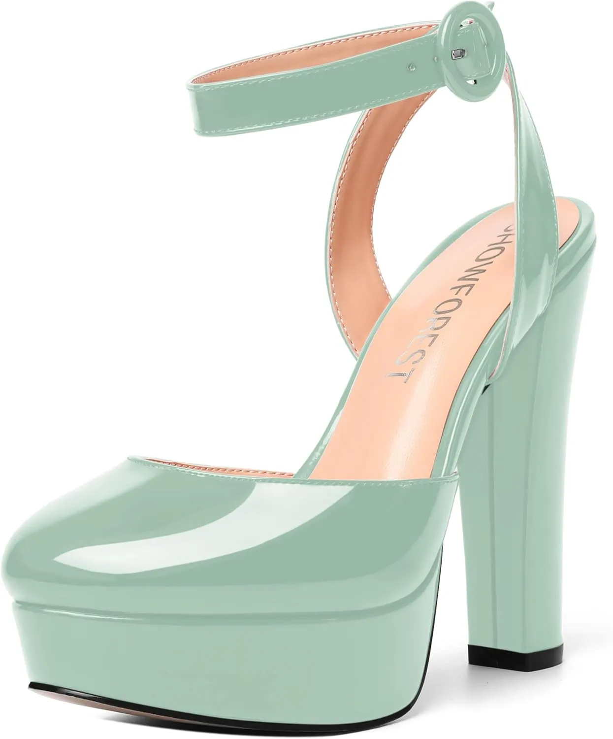 SHOWFOREST Womens Buckle Dating Round Toe Patent Ankle Strap Dress Platform Block High Heel Pumps Shoes 5 Inch