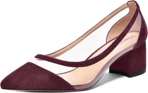 SHOWFOREST Womens Solid Clear Dress Slip On Pointed Toe Suede Dating Chunky Low Heel Pumps Shoes 2 Inch